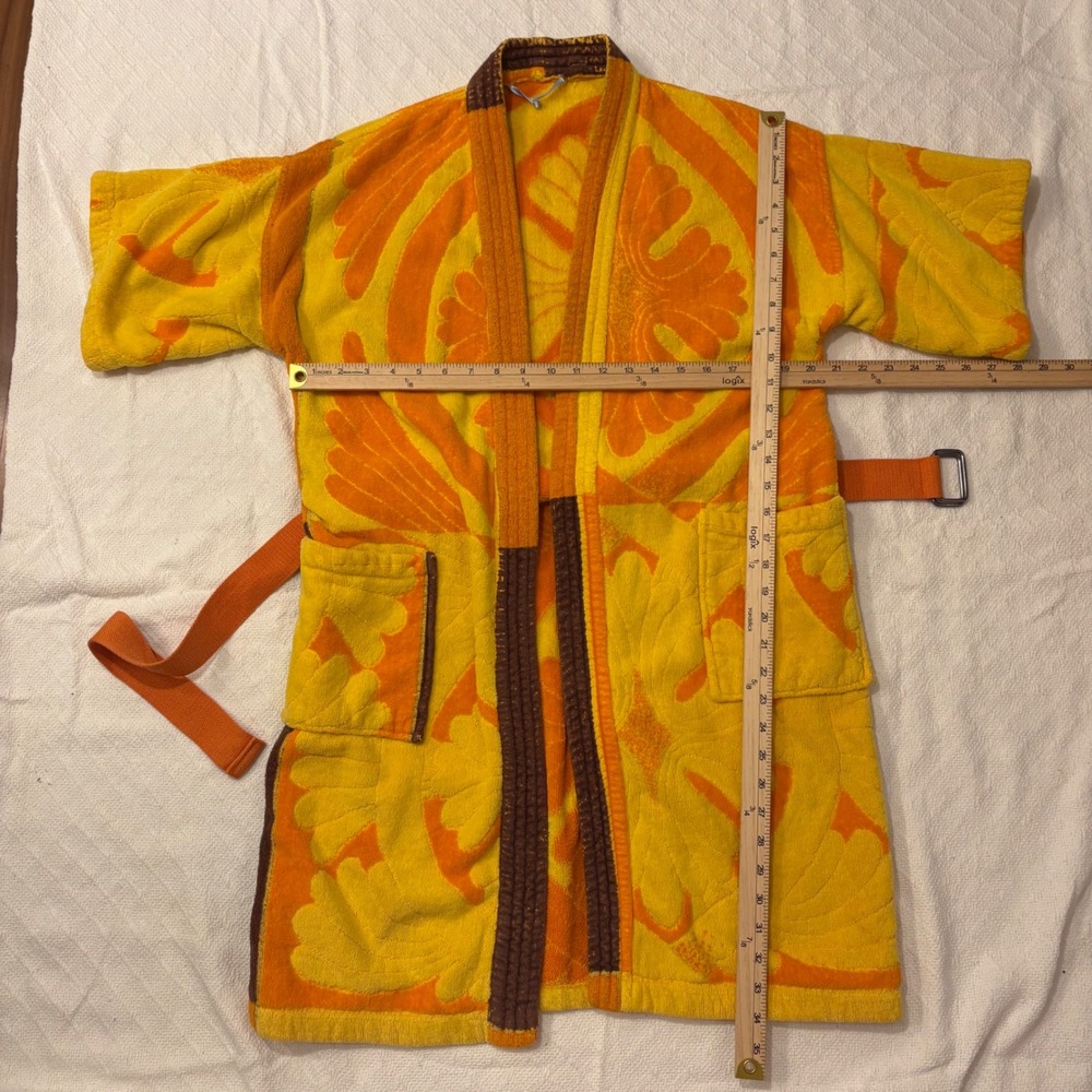 Vintage 70s Terry Cloth Robe Yellow Orange Psychedelic Belted Kimono Towel - Picture 6 of 7